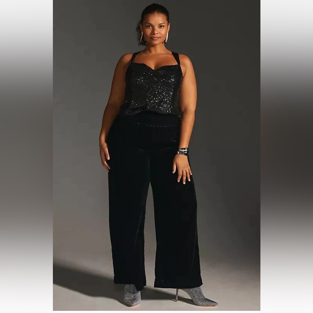 Maeve Anthropologie Black Velvet Wide Leg Pants XL Pull On Lounge